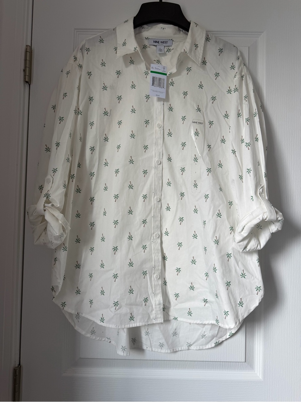 New Men’s Nine West Cream Button-Down Shirt with Green Palm Print